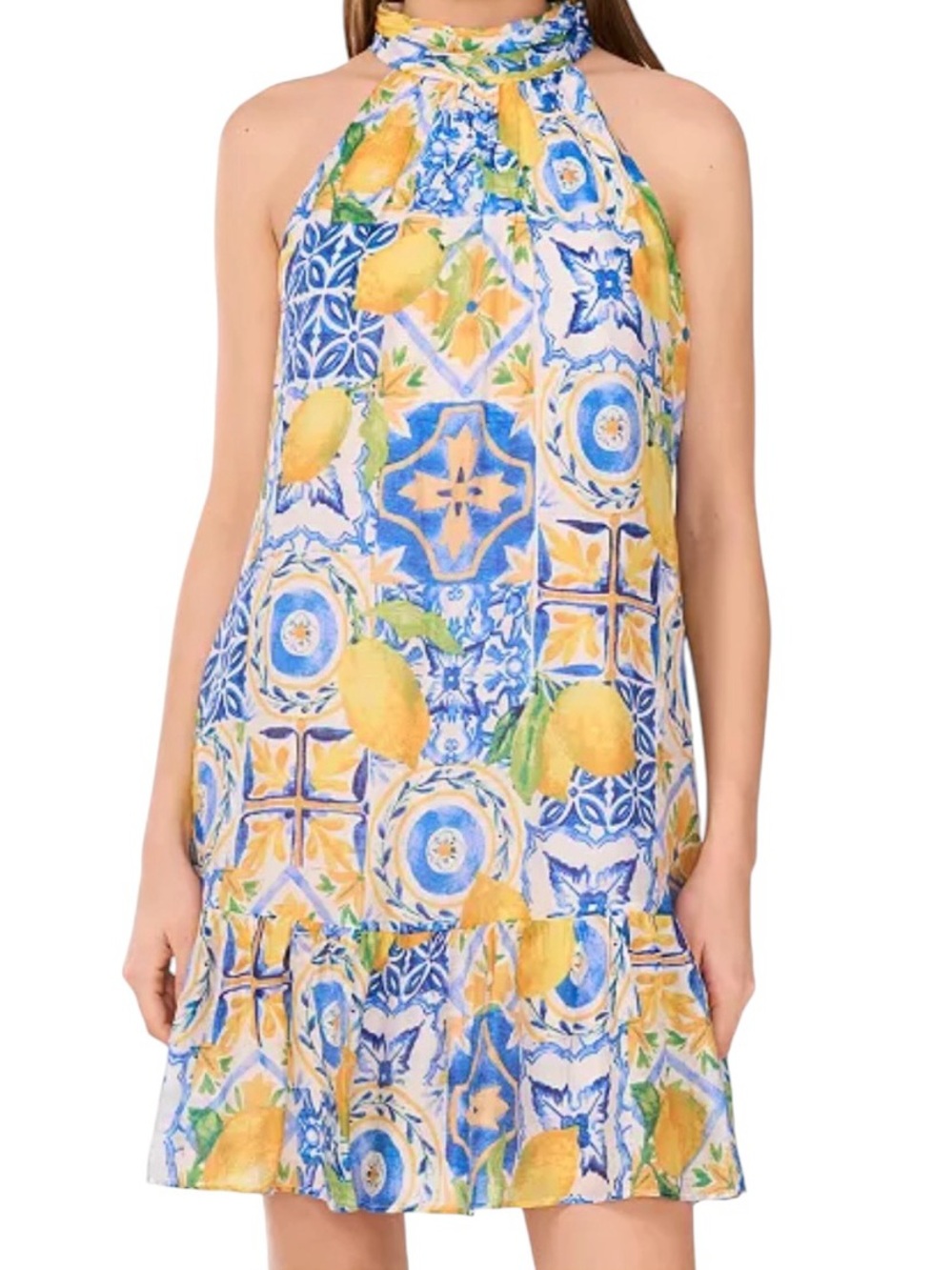 MSK Printed Halter-Neck Citrus Italian Lemon Sleeveless Lined Shift Dress XL